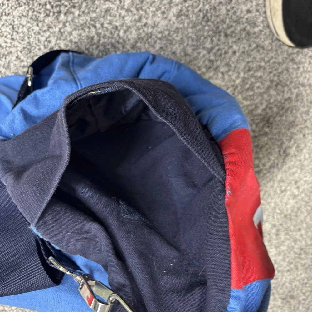 Vintage Tommy Hilfiger Duffel Bag Red Flag Logo Large Denim 90s Gym Travel